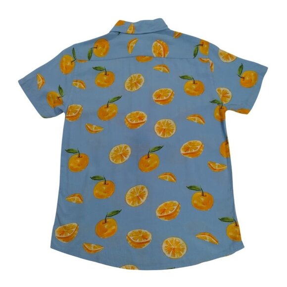 Orange Print Cotton Short Sleeve Button-Up Shirt Blue Background Boys Size 10. - Picture 2 of 7